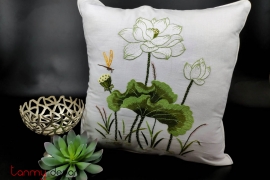 Cushion cover-white lotus embroidery
